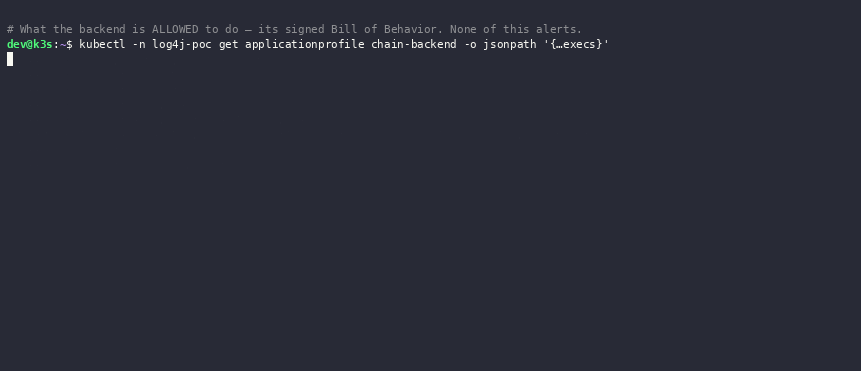 Terminal: kubectl queries the chain-backend ApplicationProfile (allowed execs — java, curl, psql) and NetworkNeighborhood (allowed egress — kube-dns, chain-postgres) in the log4j-poc namespace. This is the backend's signed Bill of Behavior; none of it alerts, anything outside it does.